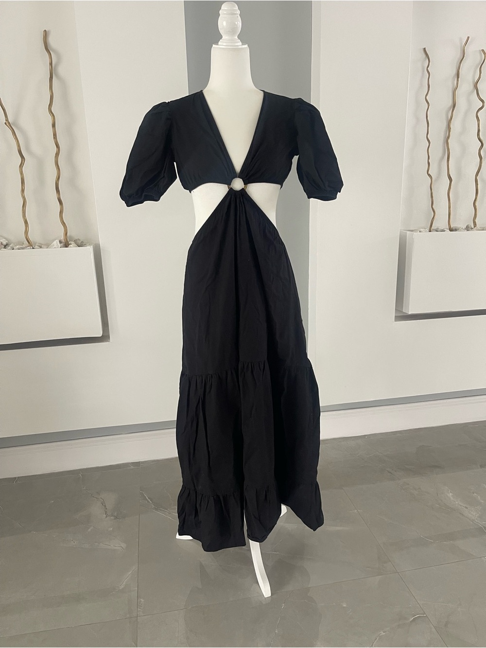 Black Cutout Maxi Dress with Puff Sleeves